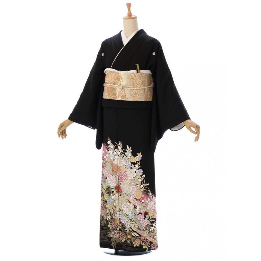 黒留袖|桂由美|Mサイズ|薔薇ブーケ 金彩銀彩 金糸刺繍柄の黒留袖フル