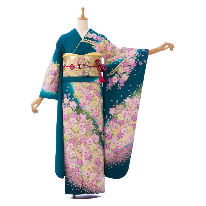 正絹振袖|辻が花|150〜163cm|振袖フルセット(グリーン系)|普通サイズ