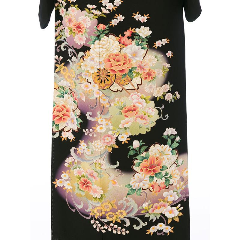 黒留袖 正絹|Mサイズ|花車 桜文柄の黒留袖フルセット HAAC070 : e