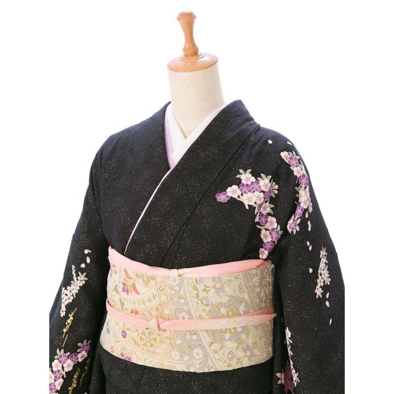 2L787 正絹|松竹梅に桜柄の訪問着フルセット(ブラック系)|訪問着・付