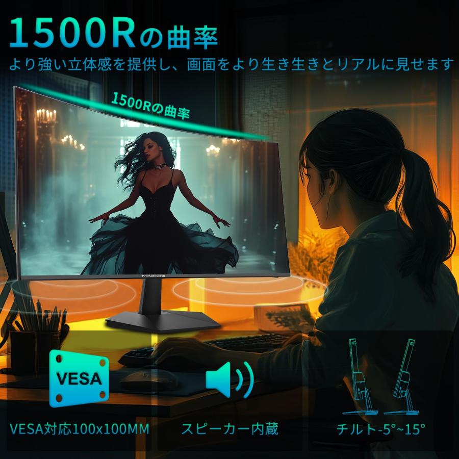 Minifire曲面 モニター27インチ USB-C 100Hz 1500Rの湾曲率 FHD 1920
