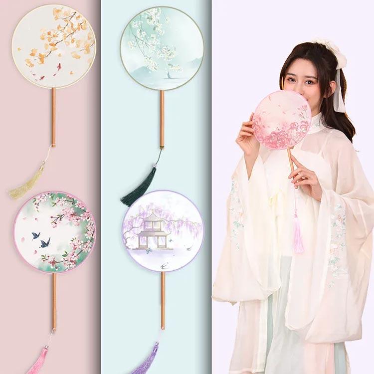 扇子 丸形 団扇 古典扇子 ハンドファン 花柄 刺繍 竹 和装 せんす