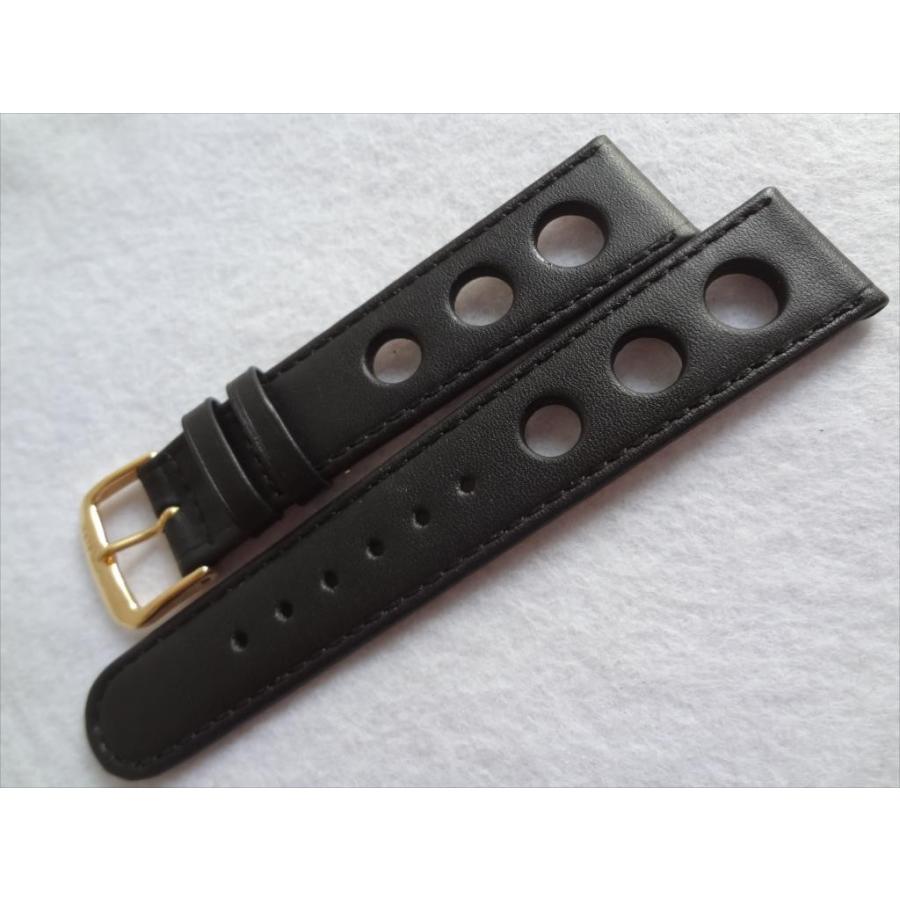 腕時計レザーベルト 20mm 黒色 黒 ブラック Racingスタイル rallye 穴