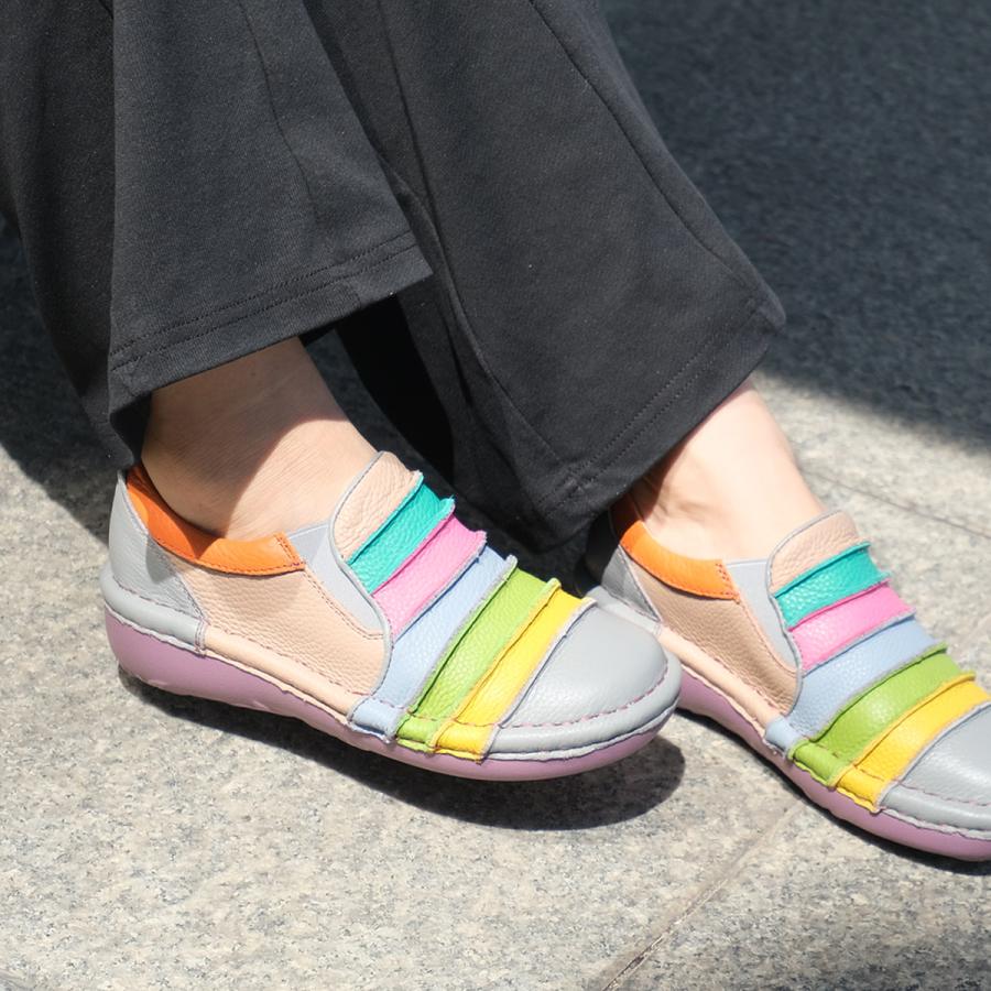 エスタシオン 靴 レディース スリッポン 本革 スニーカー ボーダー