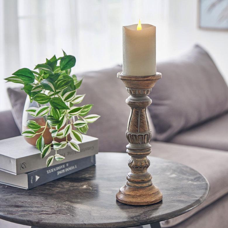 ELEMENTS キャンドルホルダー グレイウォッシュ 木製 ラウンド型 M