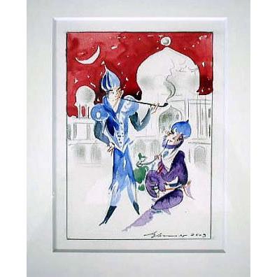 マイセン ハインツ・ヴェルナー直筆水彩画 パイプを吸う男達（額装