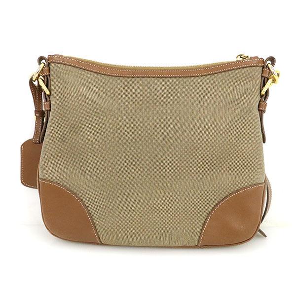プラダ PRADA ベージュ キャメル キャンバス レザー ロゴジャガード