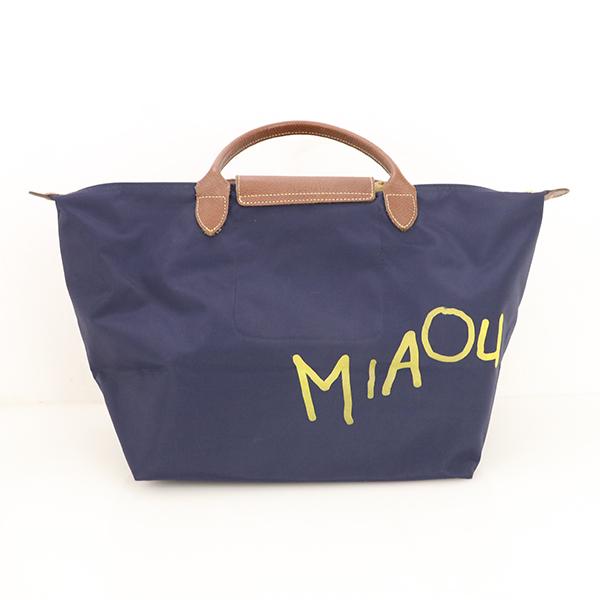 ロンシャン LONGCHAMP ネイビー 紺 猫 動物 ナイロン レザー トート