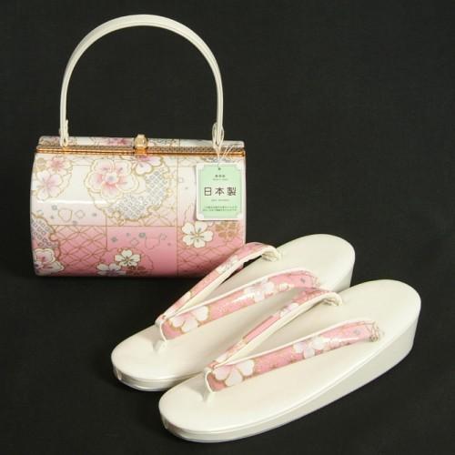 草履バッグセット 振袖 訪問着 ピンク白ぼかし 雪輪 桜柄 一枚芯