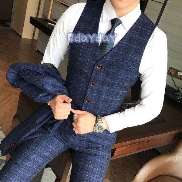 スーツ メンズ スーツセット チェック柄 ジャケット+ベスト+パンツ