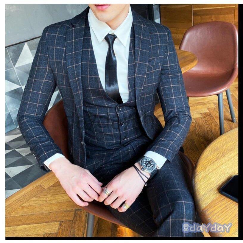 チェック柄 タキシードスーツ 1つボタンスーツ 3ピーススーツ