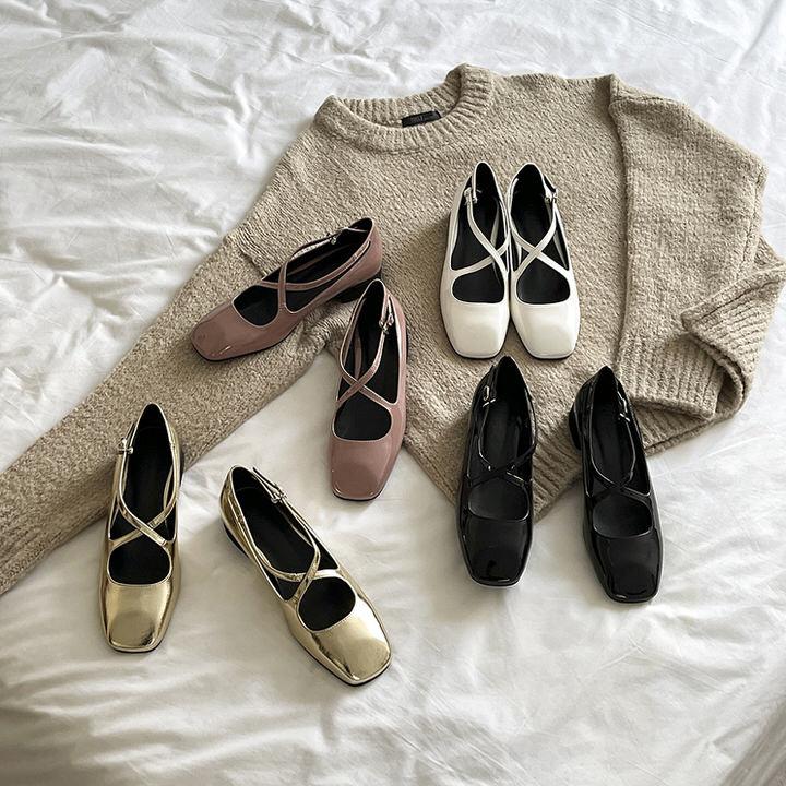 バレエシューズ パンプス スクエアトゥ クロスデザイン ストラップ