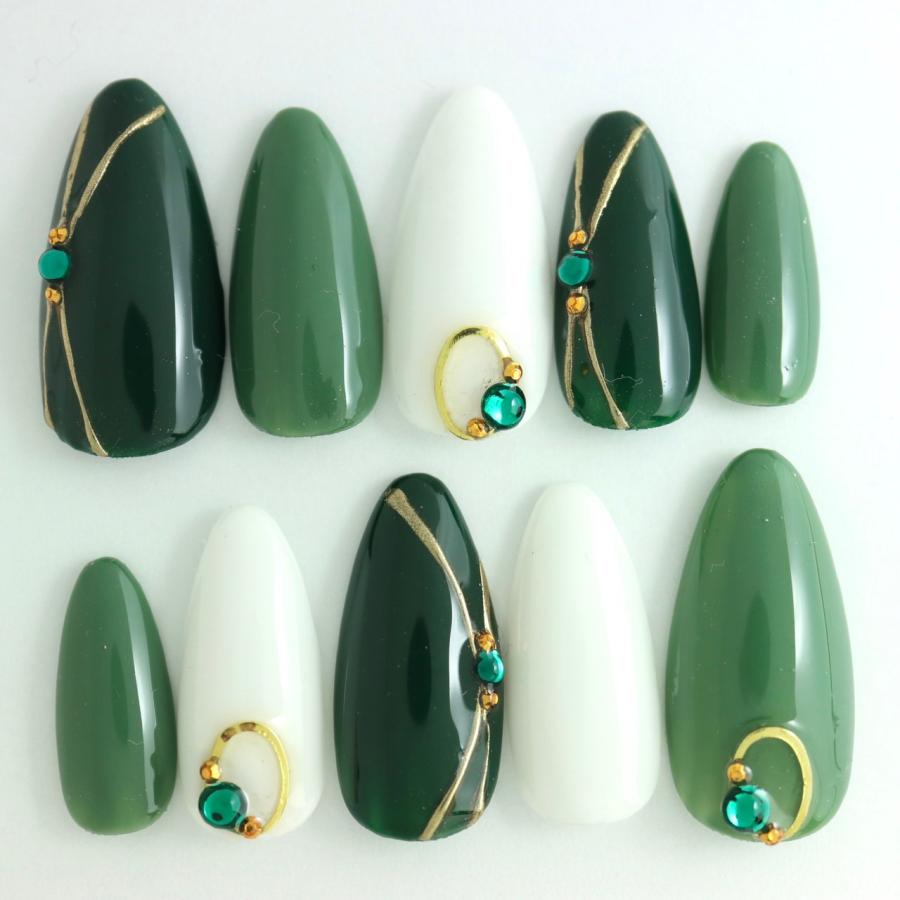 グリーン&ホワイトゴールドラインジュエリー ネイルチップ 付け爪