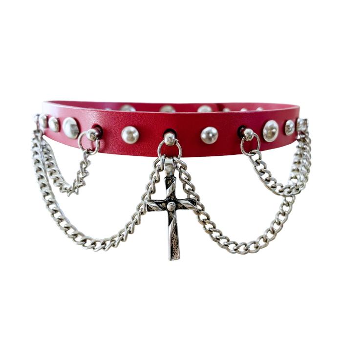 チョーカー 赤 レッド レザー 太め 本革 十字架 クロス チェーン付き