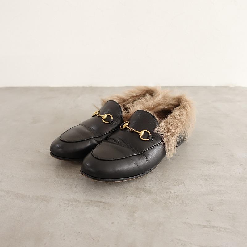 グッチ GUCCI *ファーローファー 37.5/23.5*ブラック黒ライトブラウン