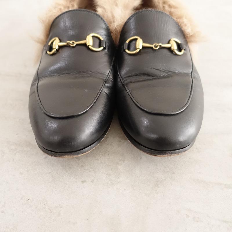 グッチ GUCCI *ファーローファー 37.5/23.5*ブラック黒ライトブラウン