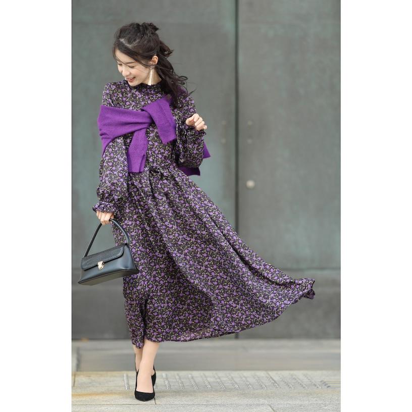 FRENCH PAVE 重ね着を楽しむ花柄ワンピースとニットのコーデ2点セット
