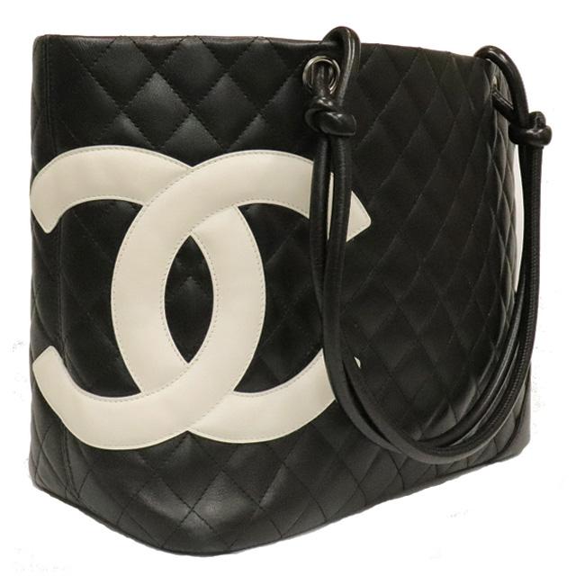 CHANEL（シャネル） カンボンライン トートバッグ ラムスキン 黒 × 白