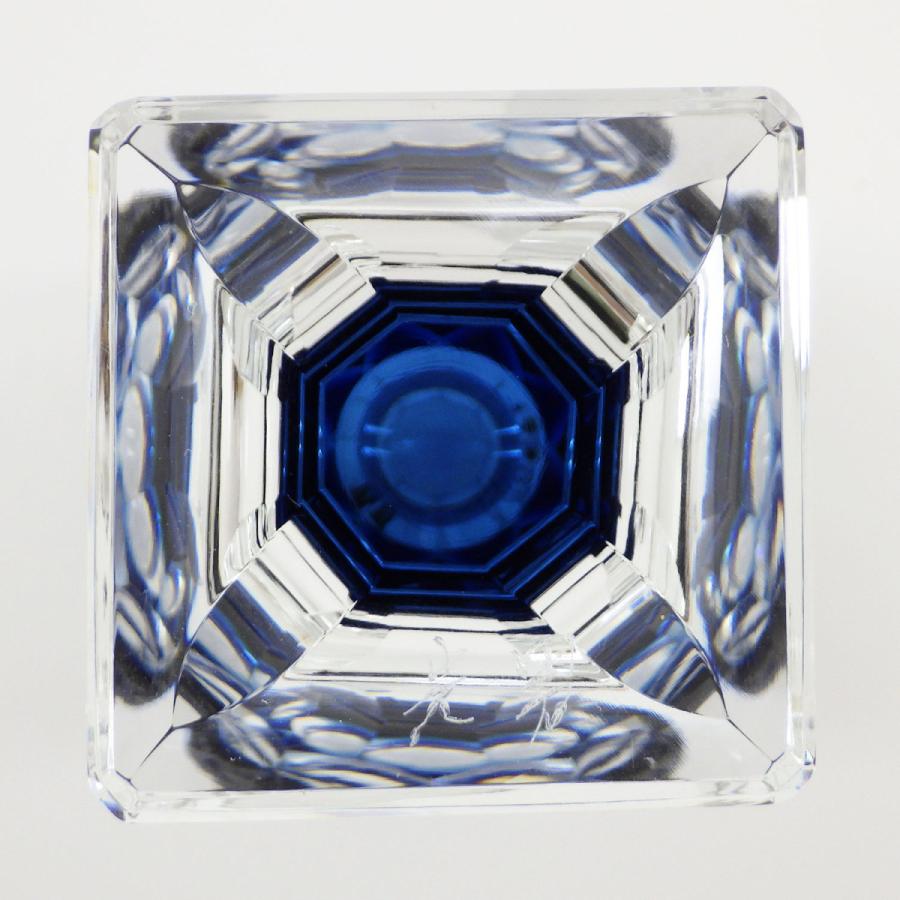 復刻 阪本光男作 薩摩切子 藍色切子脚付杯 共箱付き 色被せガラス 斜め