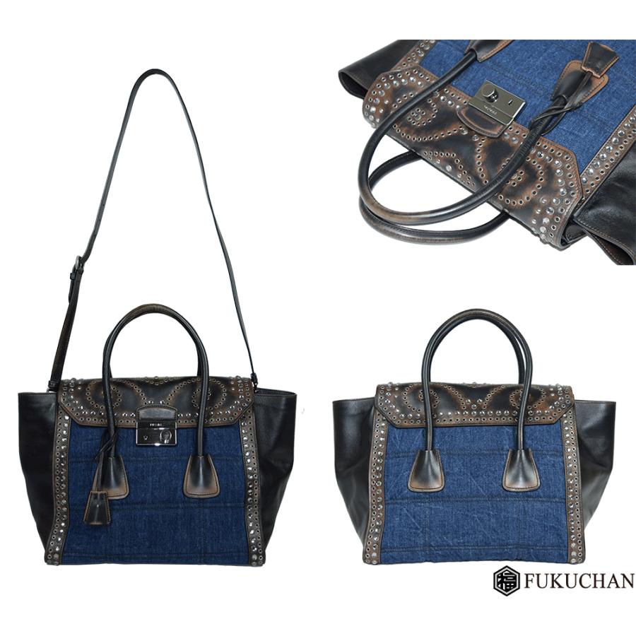 PRADA/プラダ ヴィンテージ加工フラップバッグレザー×デニムBN2669中古