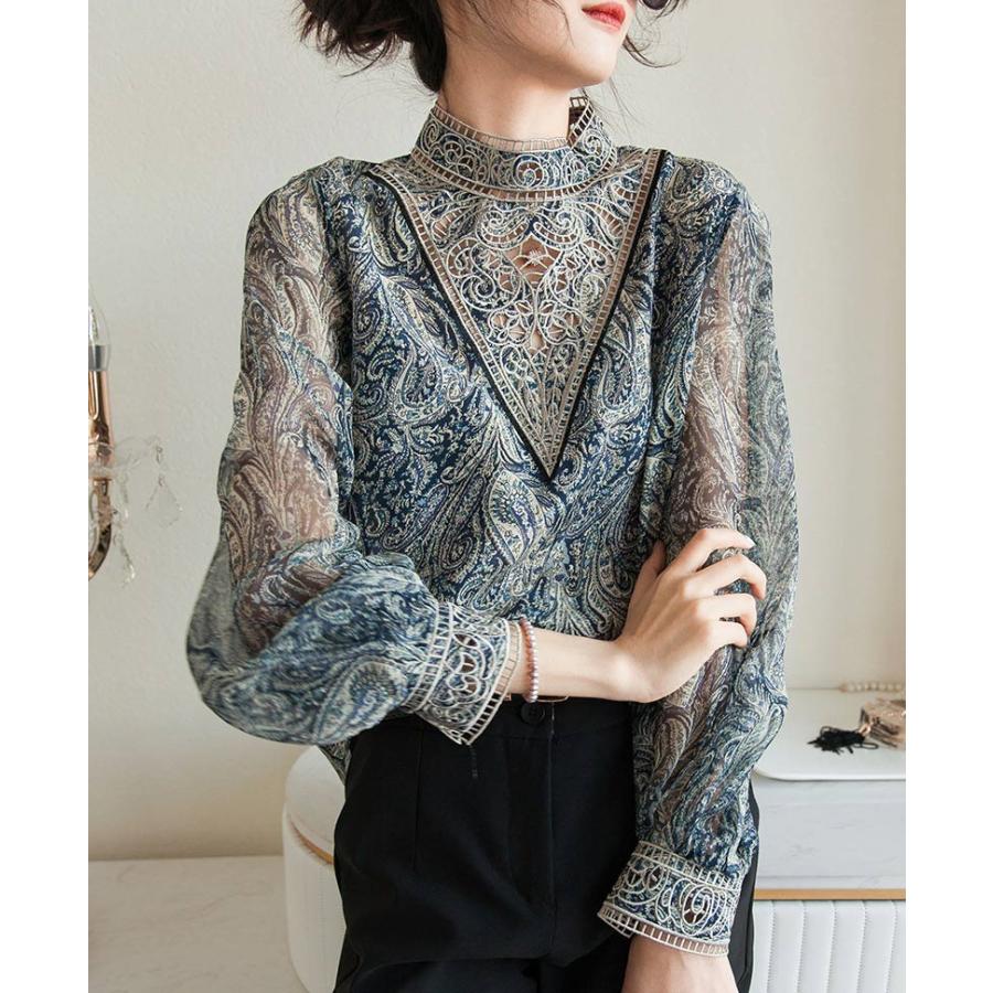 シャツブラウス 長袖 シースルー シャツ 総柄 ブラウス バルーン