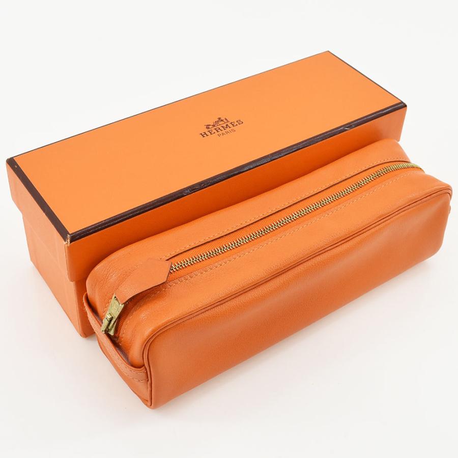 HERMES（エルメス） 筆箱 ペンケース ポーチ レザー オレンジ×ゴールド