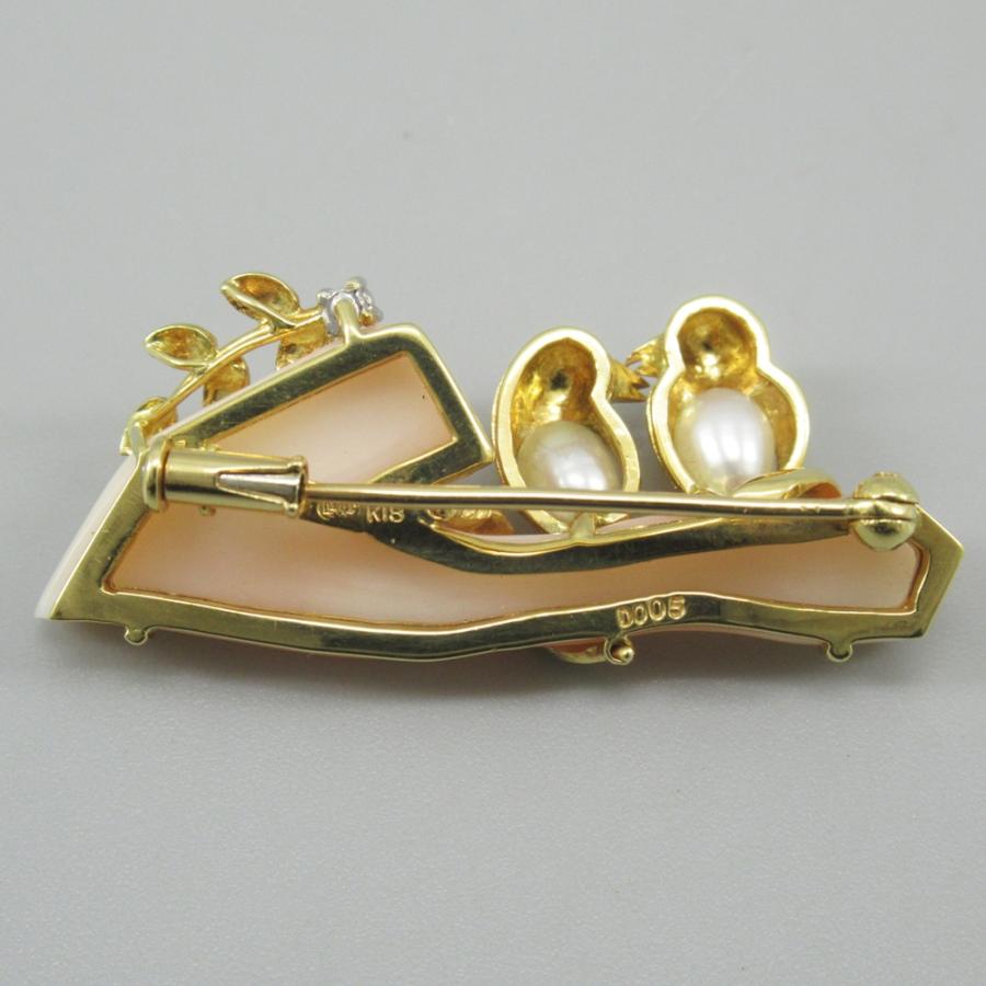 珊瑚 ブローチ K18刻印 D0.05ct パール 鳥モチーフ サンゴ/和装小物
