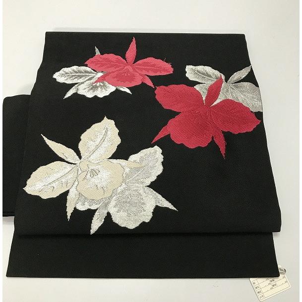 中古 名古屋帯 交織 黒地に蘭文様 九寸 お太鼓柄 : リサイクルきもの福