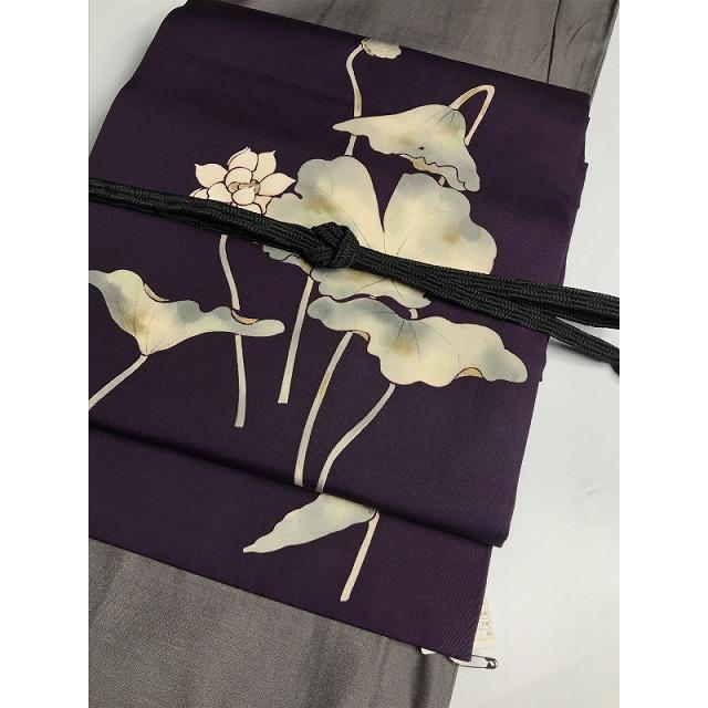 中古 名古屋帯 正絹 法事用 紫地に蓮模様 塩瀬 九寸 お太鼓柄