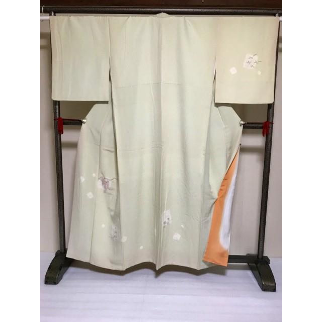 中古 付け下げ 正絹 付下げ訪問着 薄グリーン地に色紙模様 袷着物 裄67
