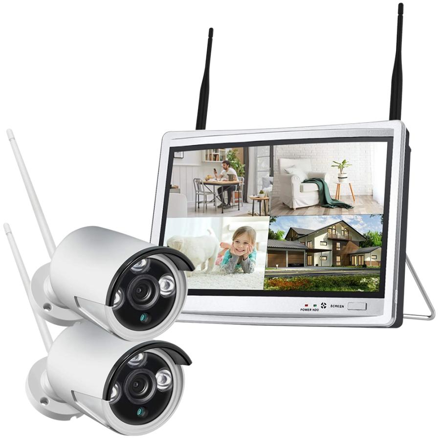 ワイヤレス防犯システム 12インチモニター付きNVR＋カメラ2台 カメラ