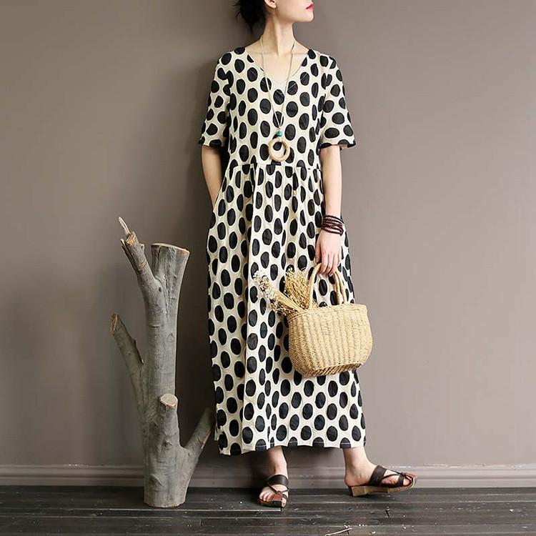 水玉 ドット柄 ワンピース ロング マキシ丈 半袖 大人服 ゆったり 綿