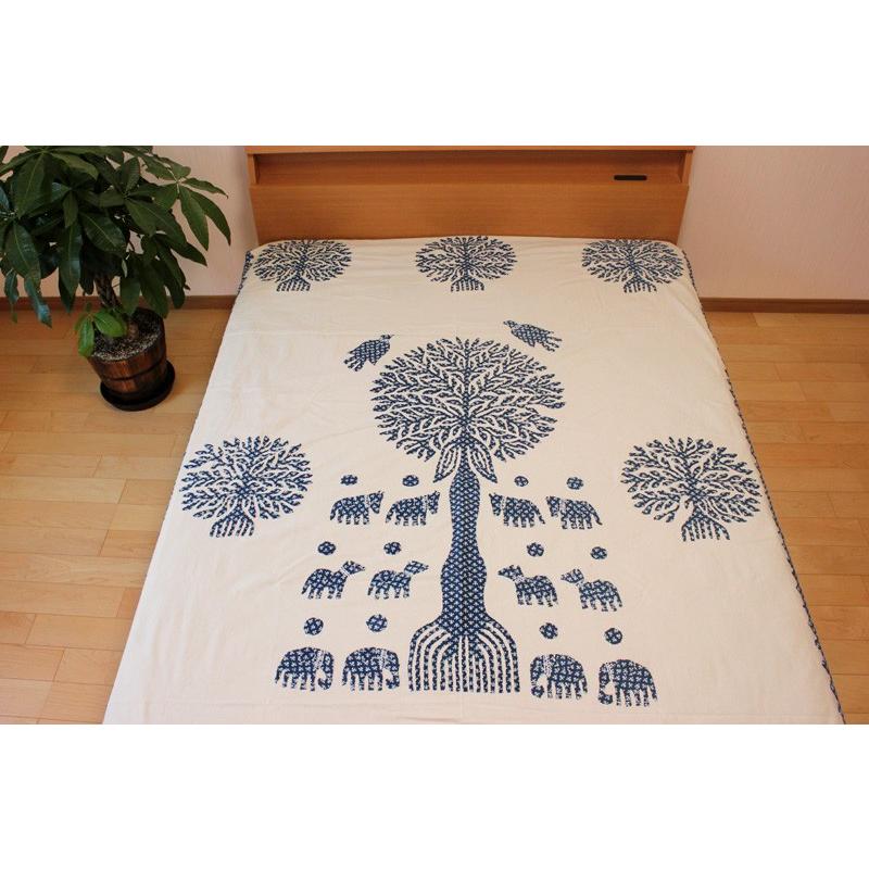 マルチカバー ハンドメイド 刺繍 150×225cm ブルー パッチワーク 手