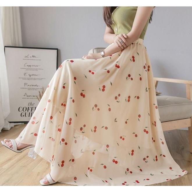 さくらんぼ柄ミディ丈ロングフレアスカート 可愛いキュート フェミニン