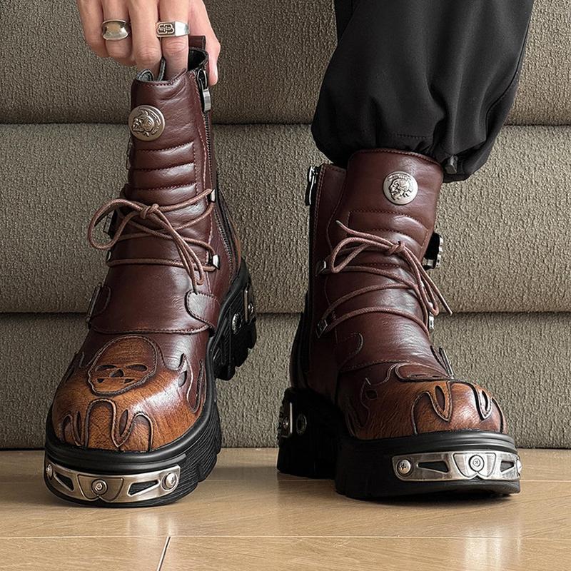 ショートブーツ ワークブーツ メンズ 厚底 パンク系 髑髏柄 5cmアップ