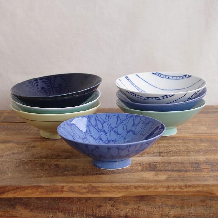 白山陶器 波佐見焼 平茶碗 飯碗 F-19 ブルー 青 ネイビー 楕円 模様 泡