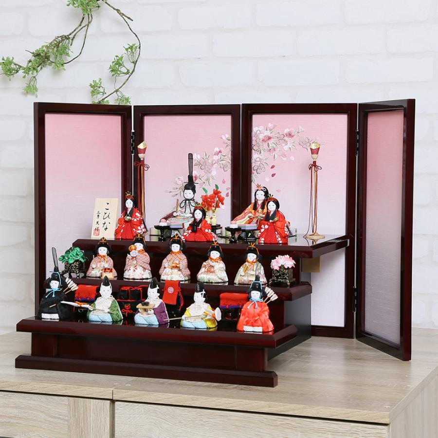 雛人形 コンパクト 木目込み雛人形 こひな 囲み屏風 三段飾り 十五人