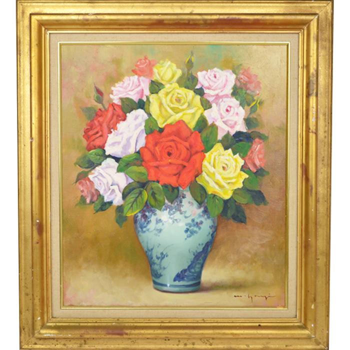 訳あり 八木道夫『 薔薇』 油彩 オリジナル サイン入り 日本人作家