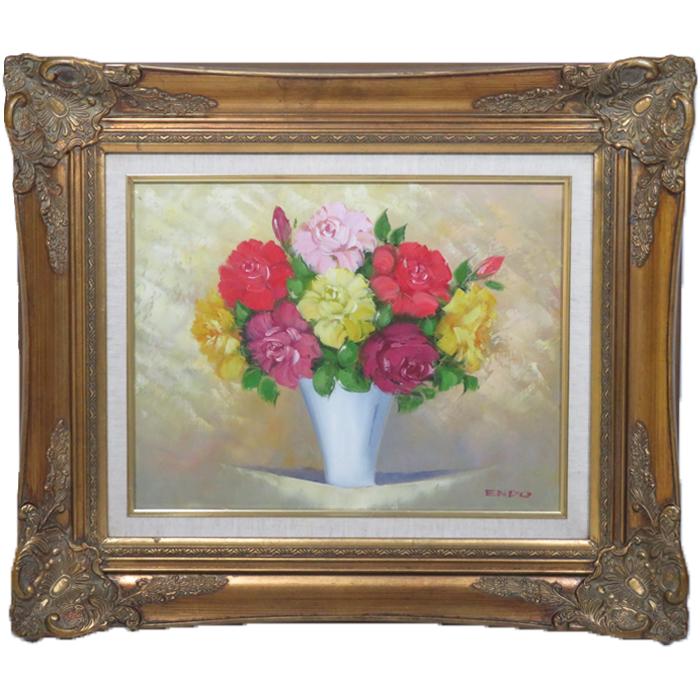 遠藤勝 『 バラ 』 油彩 油絵 真作 オリジナル 絵画 中古 : kousei