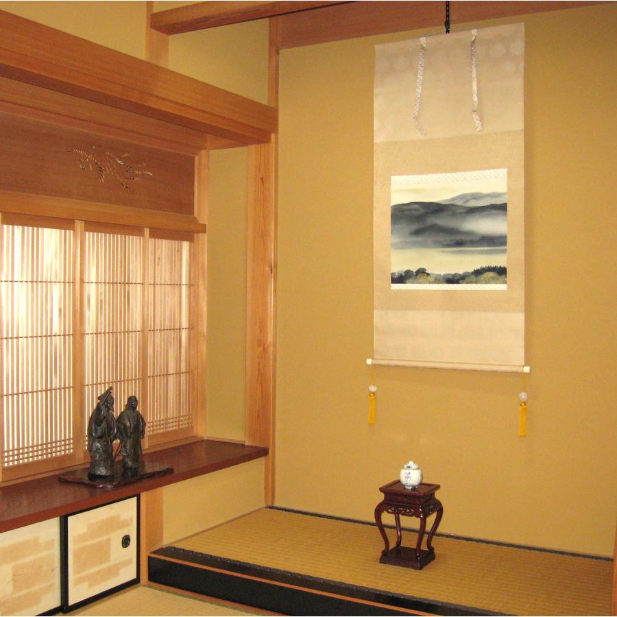 掛け軸 掛軸 水墨山湖 川村憲邦 (真筆・中古) 太巻・共箱・二重箱