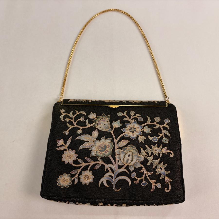 美品 和装バッグ 逸品 OKAJIMA 花唐草 金彩 金茶 正絹 和装小物 中古