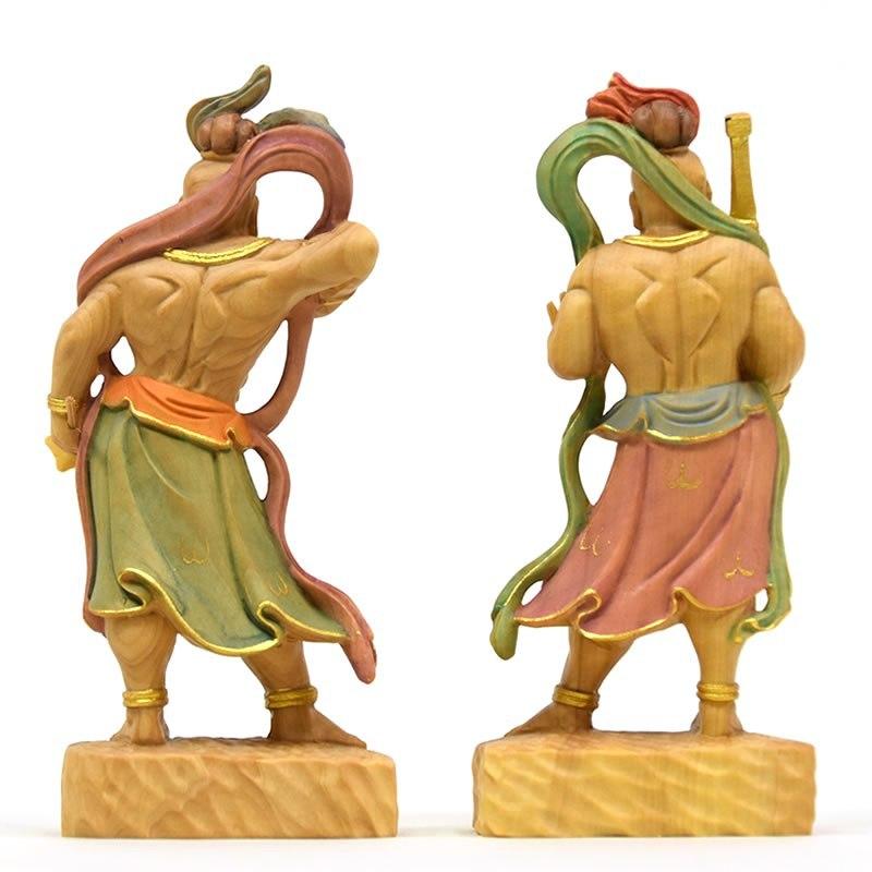 木彫り仏像 【仁王像(金剛力士)】阿吽セット 淡彩色 総高12cm ※桐箱入