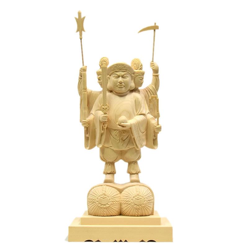 木彫り仏像 【三面出世大黒天】桧木 立5.0寸 総丈33cm 比叡山形三面