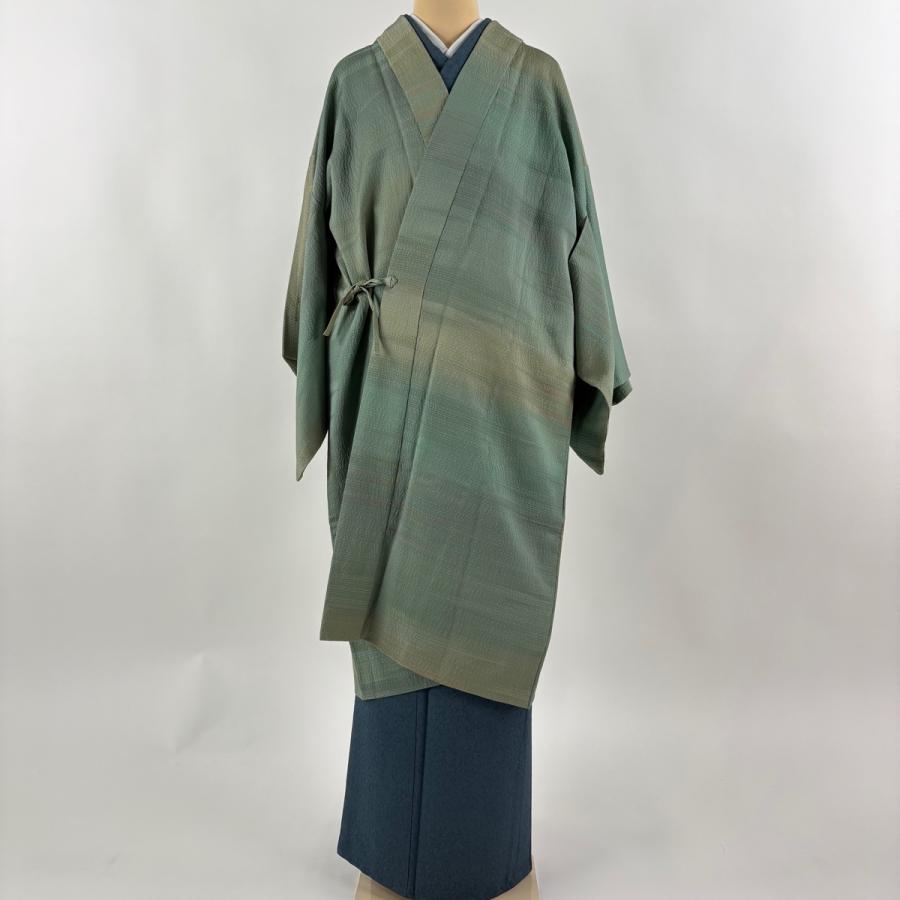 美品 道中着 身丈110cm 裄丈67cm M 和装コート 縞模様 灰緑 正絹 逸品