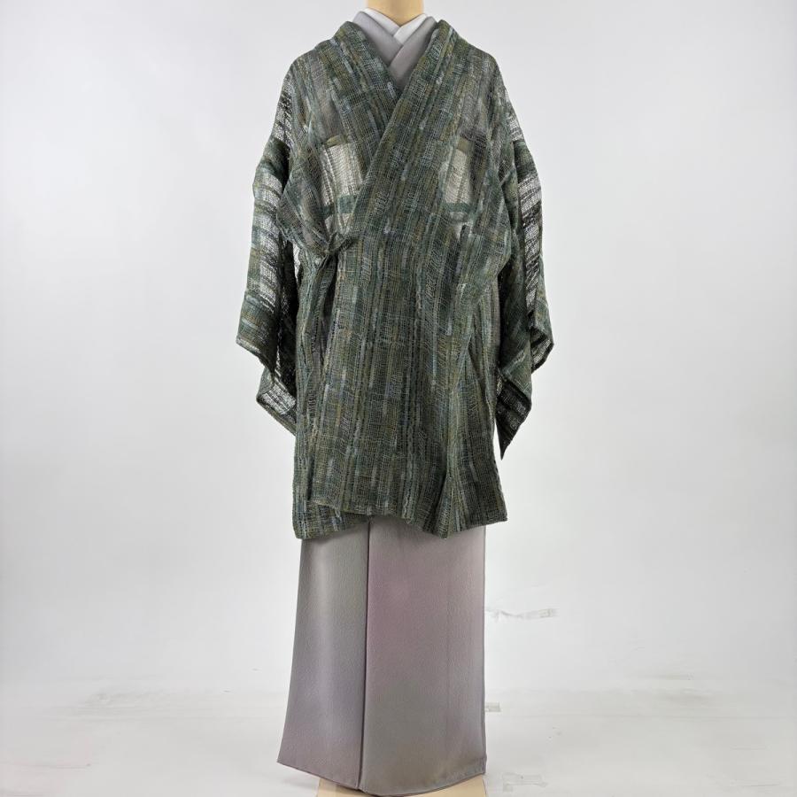 美品 道中着 身丈90cm 裄丈66cm M 和装コート 縞 幾何学模様 よもぎ色