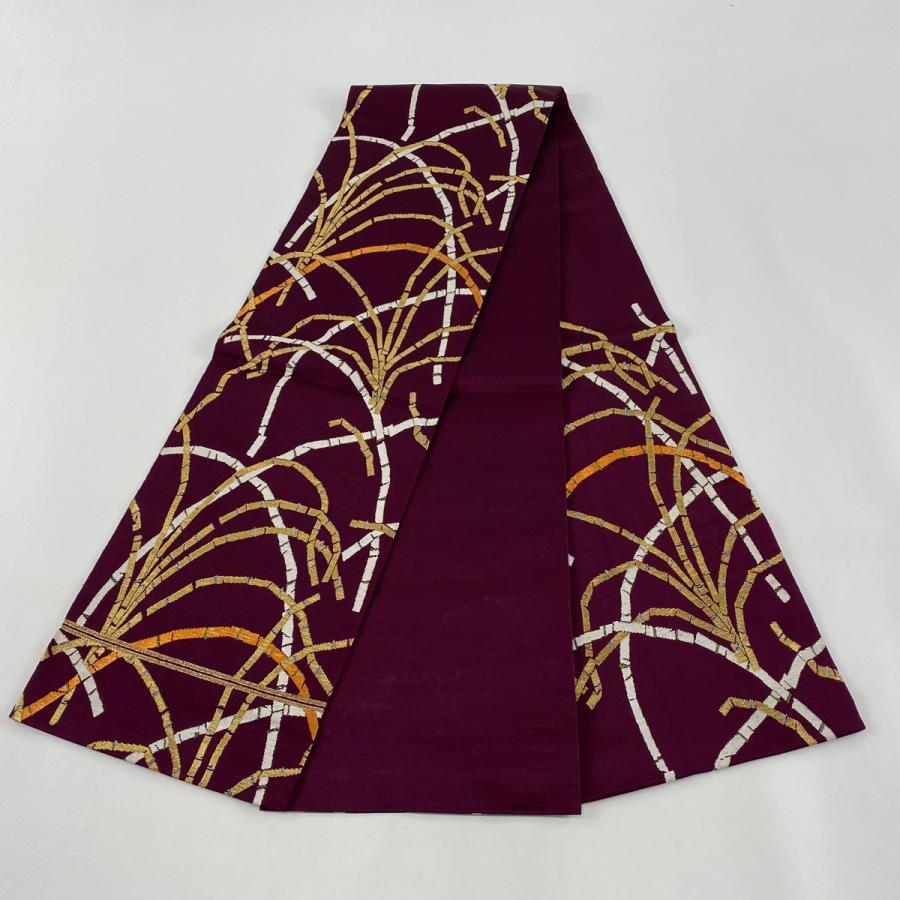 袋帯 逸品 龍村平蔵 落款あり 豊公芒文錦 金糸 箔 赤紫 六通 正絹 中古