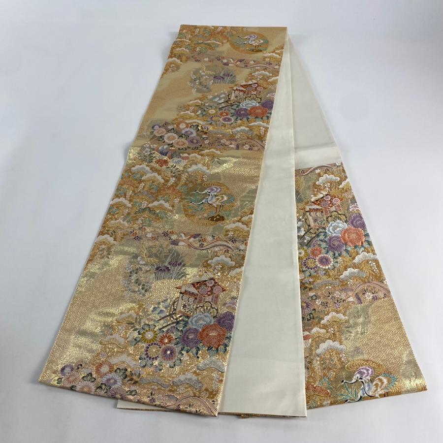 袋帯 美品 秀品 道長取蒔絵文 御所車 金糸 箔 金色 六通 正絹 中古