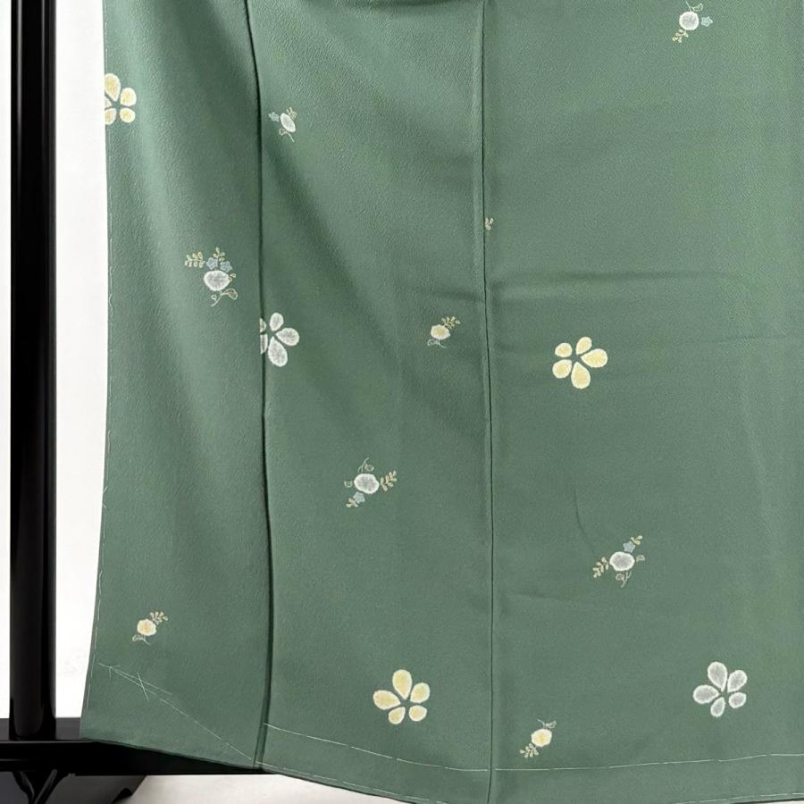 小紋 身丈164cm 裄丈62cm S 袷 草花 縮緬 薄緑 正絹 秀品 中古 在庫