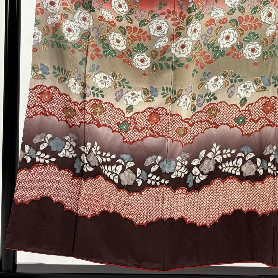 訪問着 身丈155cm 裄丈65cm M 袷 草花 雲文 金彩 絞り 茜色 正絹 秀品