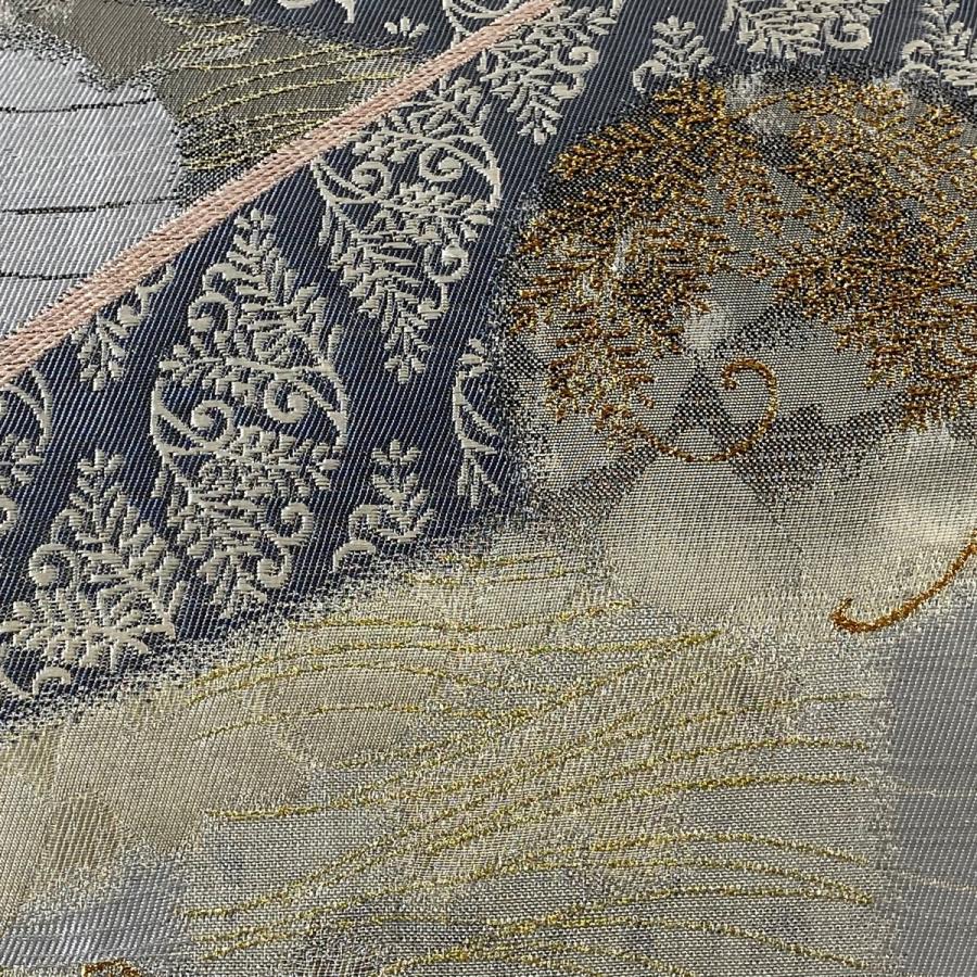 袋帯 美品 秀品 草花 幾何学 金銀糸 箔 灰色 六通 正絹 中古